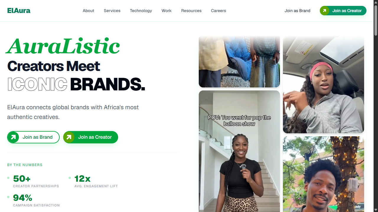 ElAura African creator and brand marketplace homepage