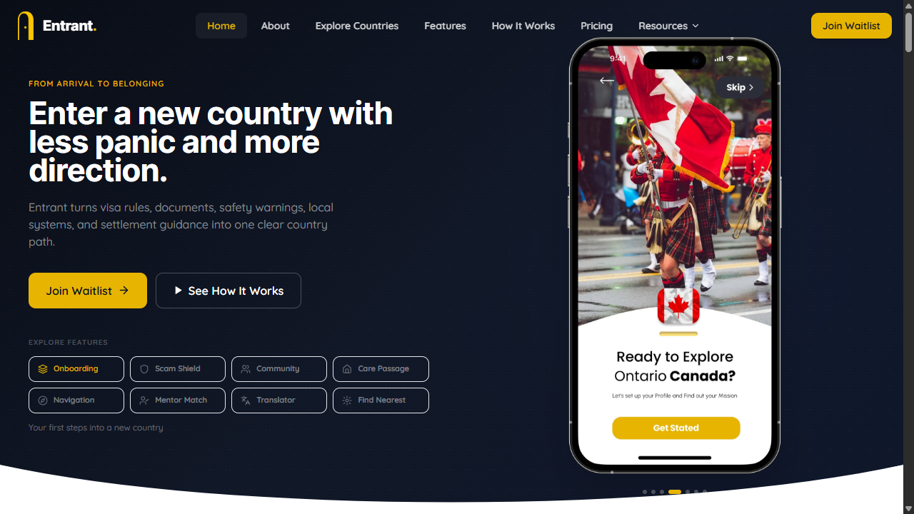 Entrant country arrival guidance platform homepage